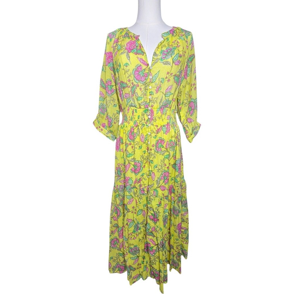 Sundry Felicity Floral Button Down Midi Dress Yellow Pink‎ NWT Size 2 Medium